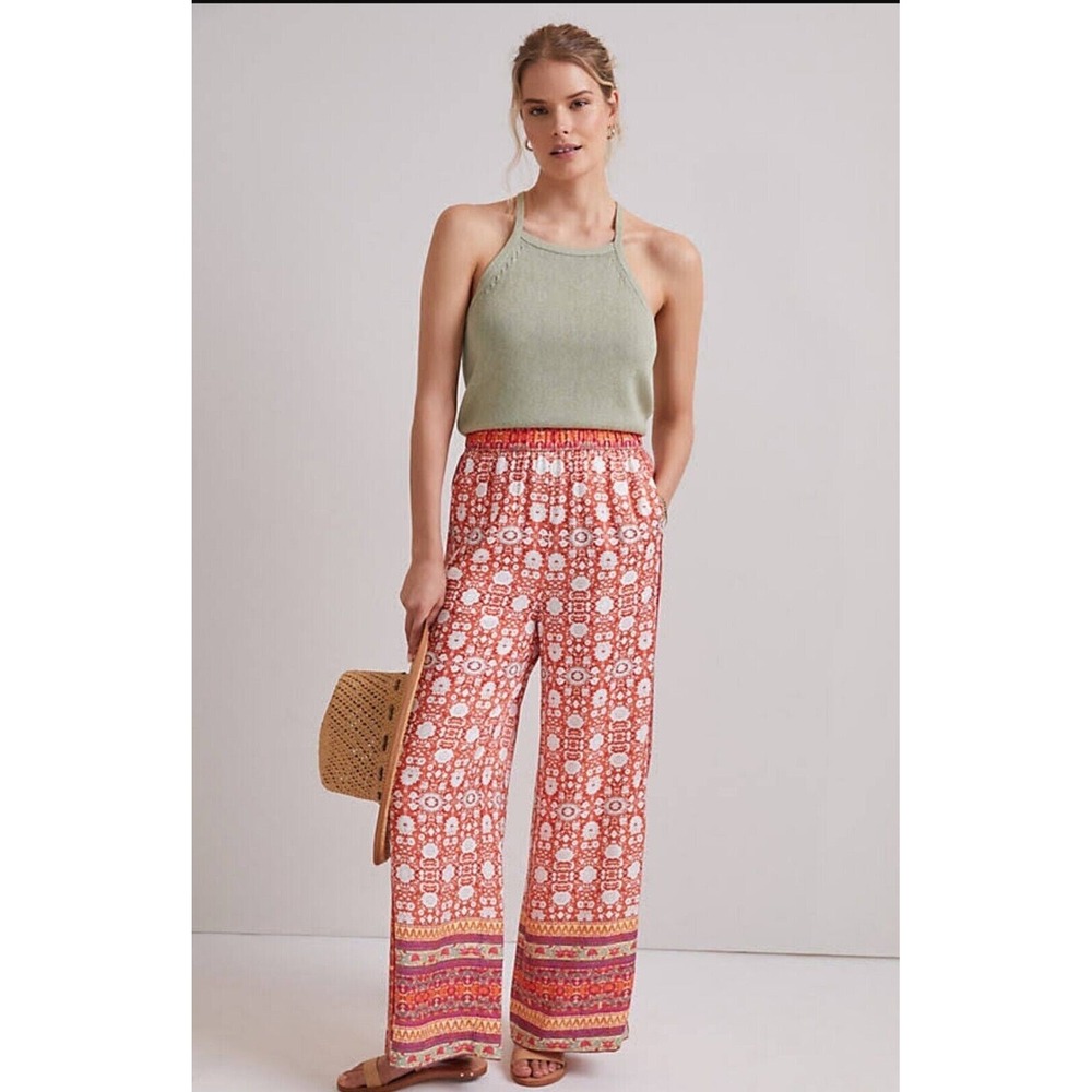 Anthropologie Vale Satiny Wide Leg High Waist Boho Printed Pants Size S Summer